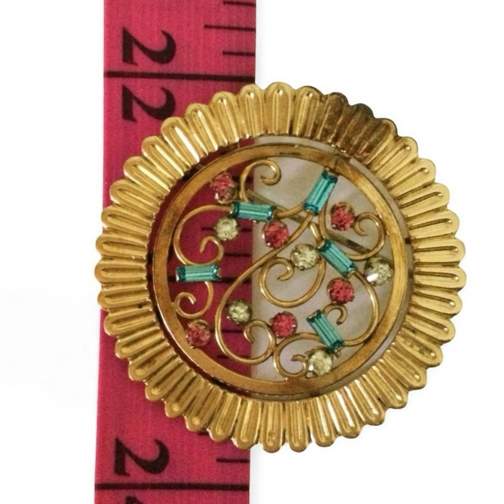 Vtg REGEL 1/20 12K Gold-Filled Filigree Brooch - Multicolor Rhinestones - Rare - Picture 9 of 11